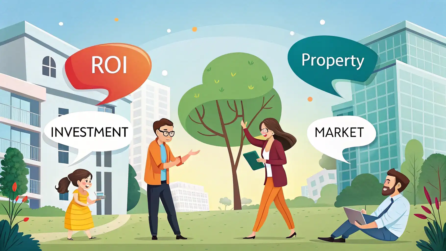 부동산투자 영어로 영어 부동산 투자 관련 용어(ROI, Property Value 등)가 담긴 말풍선과 집 아이콘, 돋보기가 있는 밝고 매력적인 일러스트레이션.