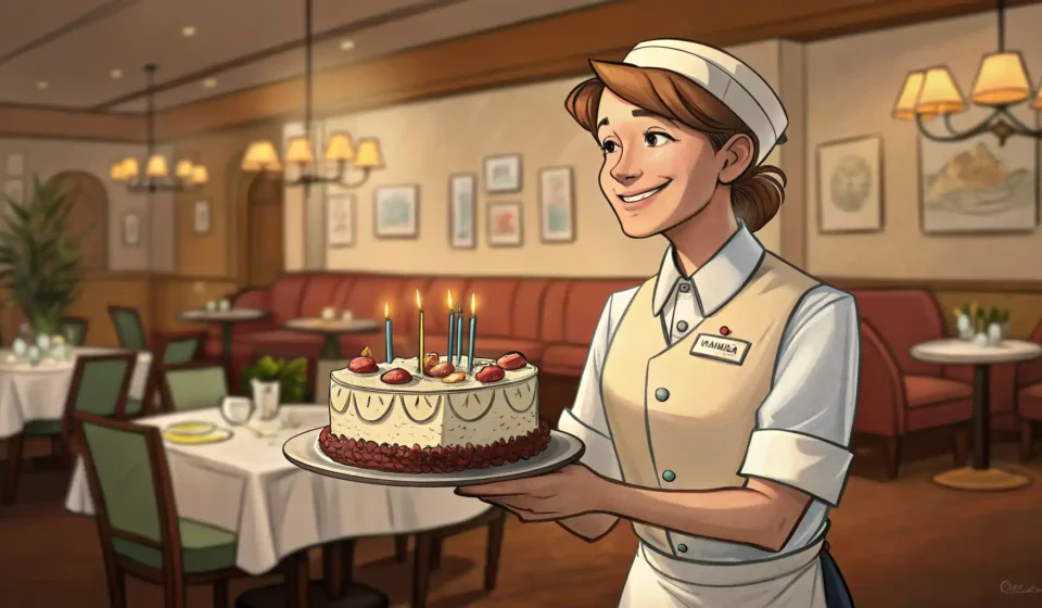 레스토랑 생일 이벤트, 영어로 자신 있게 안내하기 레스토랑 직원이 작은 생일 케이크를 건네며 미소 짓는 모습, 레스토랑 생일 이벤트 관련 영어 표현 학습을 상징하는 이미지.