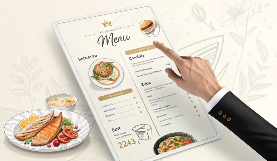 맛집 탐방, 영어로 자신있게! 필수 표현 총정리 레스토랑 메뉴판을 자신있게 가리키는 손과 영어로 소통하는 것을 나타내는 아이콘 이미지