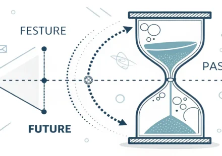 Right now vs. At present: 지금을 말하는 영어 표현 완벽 정리 현재 시점을 강조하는 스포트라이트와 넓은 현재 범위를 나타내는 빛으로 'Right now'와 'At present'의 미묘한 시간 차이를 시각적으로 표현한 타임라인 일러스트레이션.