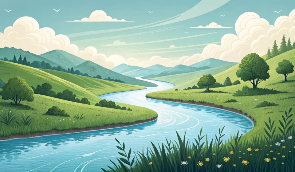 강 영어로: River 외에 다양한 표현 알아보기 푸른 강 위로 영어 표현 학습을 상징하는 다채로운 아이콘들이 떠 있는 일러스트 이미지