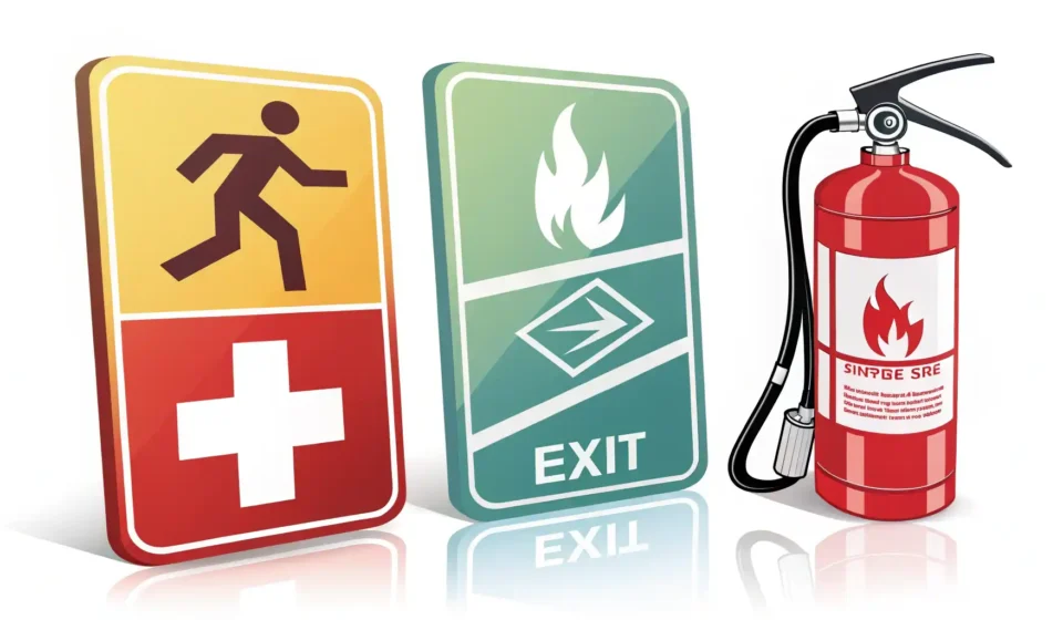 Safety First! 필수 안전교육 영어 표현 정복하기 안전 관련 영어 표현 학습을 상징하는 응급처치, 소화기, 비상구 아이콘과 전구 일러스트