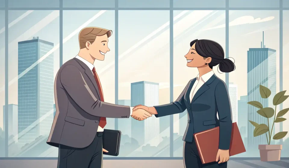 판매 상황을 위한 필수 영어: 자신감 있는 소통 전략 판매 상황에서 영어로 소통하는 법을 배우는 것을 상징하는 비즈니스 악수와 국기 아이콘 이미지.