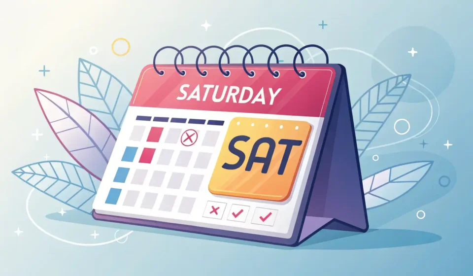 토요일 영어로? Saturday! 완벽 마스터 가이드 토요일 영어 표현 학습을 나타내는 달력 아이콘과 주말 활동, 영어 공부 관련 아이콘 이미지