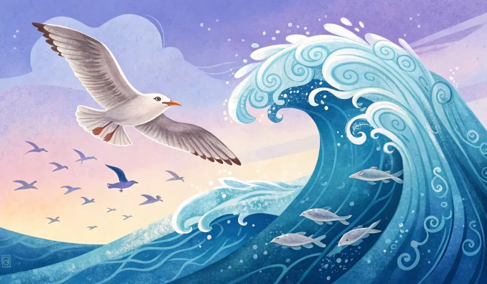 갈매기 영어로? 해변의 상징, Seagull 완벽 정복! 푸른 파도 위를 나는 하얀 갈매기와 영어 학습을 상징하는 빛나는 전구 아이콘 일러스트