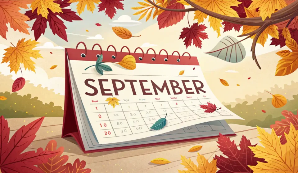 9월 영어로 완벽하게 말하는 법: September 발음부터 활용까지 9월 영어 표현 학습을 나타내는 9월 달력 페이지와 가을 나뭇잎 디자인의 썸네일 이미지.