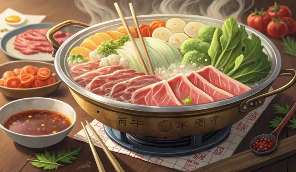 샤브샤브 영어로 완벽 정복: 식당에서 자신 있게 주문하고 즐기기 맛있는 샤브샤브 냄비 옆에 영어 단어 카드와 연필이 놓여 영어 표현 학습을 상징하는 이미지