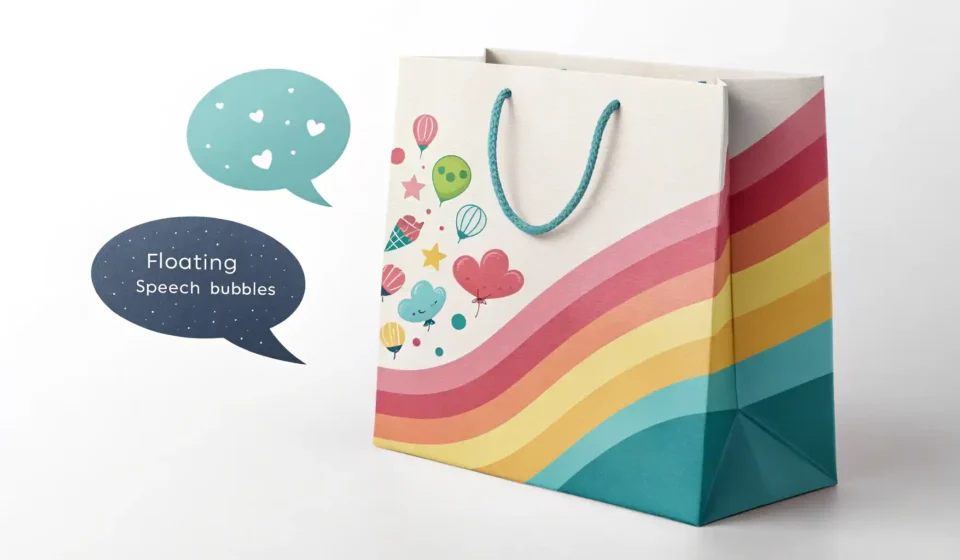 쇼핑 필수 영어: 구매 관련 영어 표현 완벽 정복 가이드 쇼핑백과 가격표, 물음표, 사이즈 태그 아이콘이 담긴 말풍선 이미지 - 쇼핑 상황에서 사용하는 영어 표현 학습을 나타냄