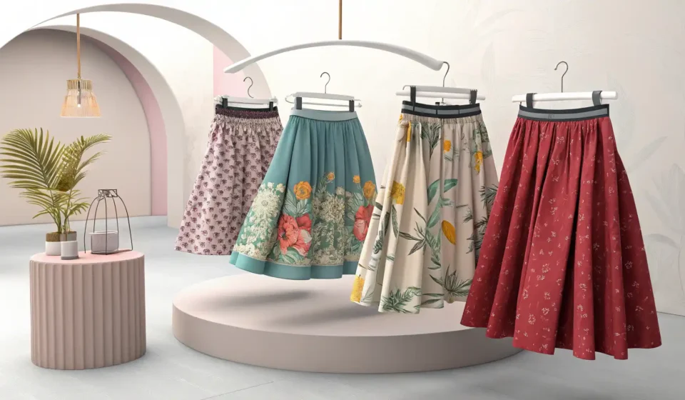 치마 영어로? Skirt 완벽 정복 가이드 다양한 스타일의 치마 이미지와 영어 학습을 상징하는 전구 아이콘.