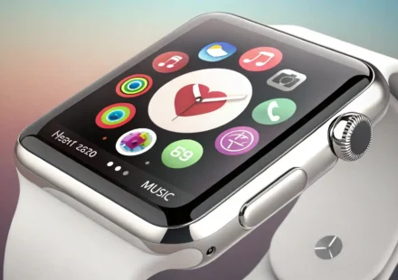 스마트워치, 영어로 이렇게 말해보세요! 스마트워치 기능 아이콘과 영어 학습을 상징하는 말풍선 및 영국 국기 아이콘이 함께 있는 이미지