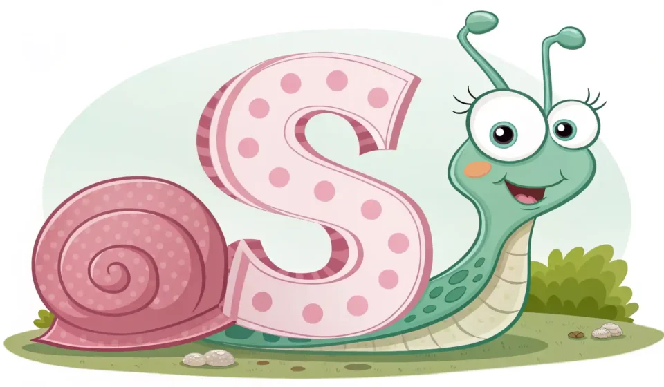 달팽이 영어로? Snail! 쉽고 정확하게 배우는 영어 표현 귀여운 달팽이 캐릭터가 영어 알파벳 대문자 'S' 옆에 있는 교육용 일러스트 이미지