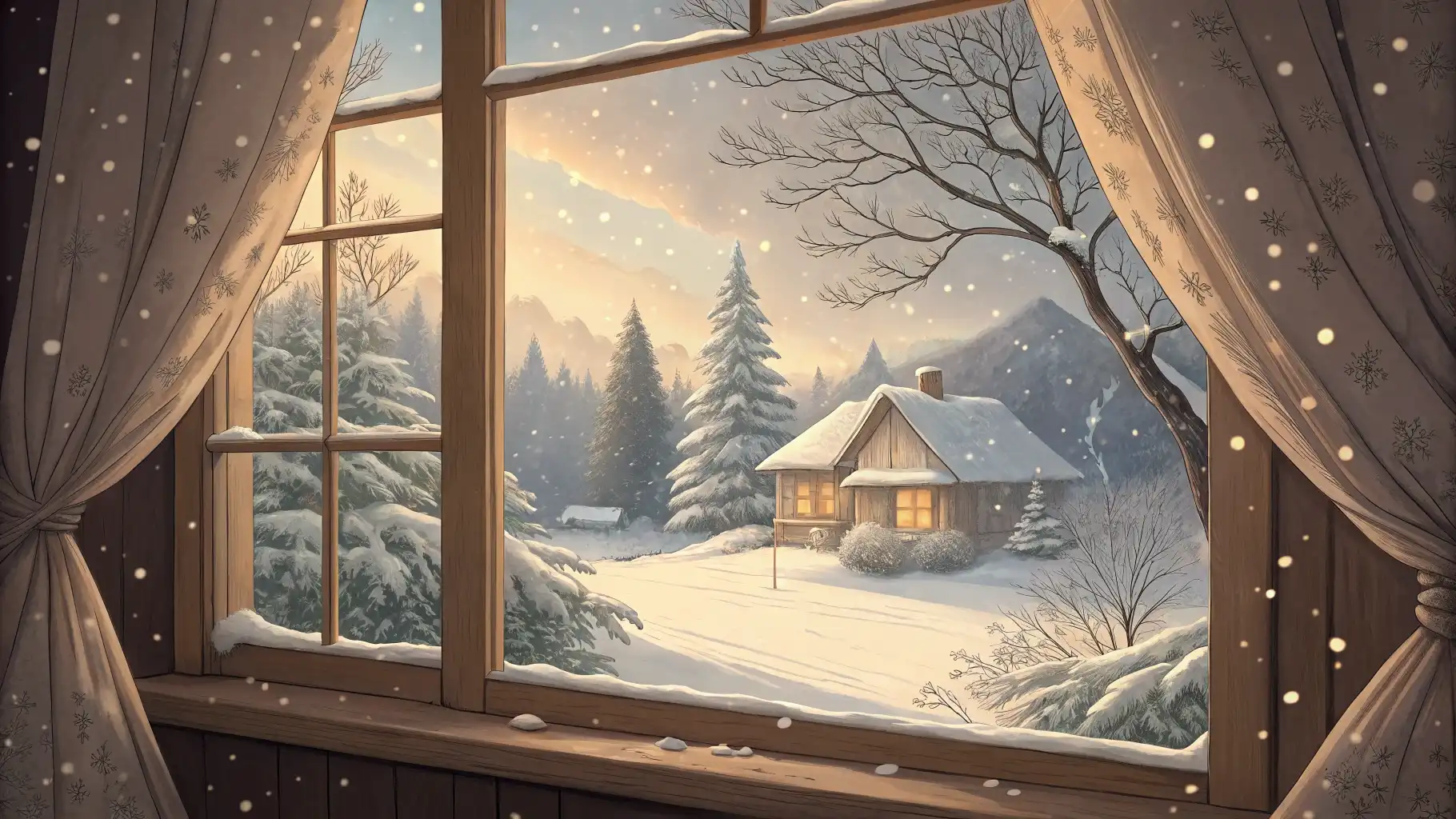 눈 내리는 풍경, 영어로 감성 있게 표현하기 창밖으로 눈 내리는 풍경과 함께 'It's snowing heavily', 'A light flurry' 등 눈 관련 영어 표현이 적힌 말풍선이 떠 있는 교육 컨셉의 이미지.