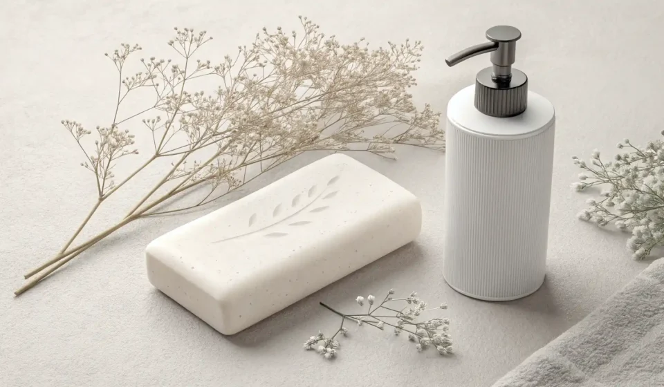 비누, 영어로 자연스럽게 말하는 법: Soap 완벽 가이드 다양한 종류의 비누와 영어 학습을 상징하는 아이콘이 있는 이미지