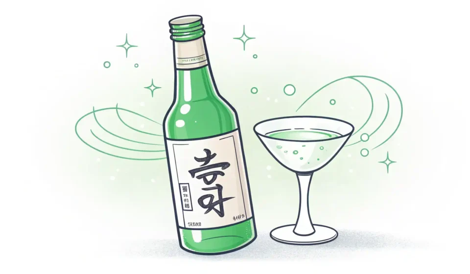 소주, 영어로 자신 있게 주문하고 설명하는 법 소주병 아이콘 옆에 영어 말풍선 아이콘이 있는 이미지, 소주를 영어로 표현하는 법 배우기