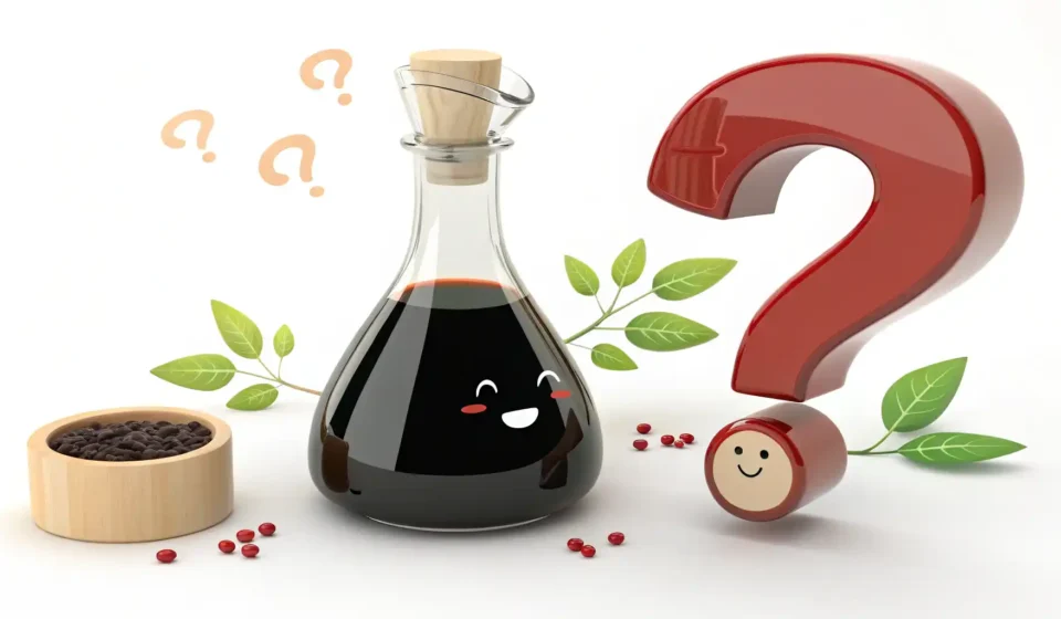 간장 영어로? Soy Sauce 완벽 정복 가이드 간장 병 옆에 물음표가 있는 이미지, 간장 관련 영어 표현 학습을 나타냄