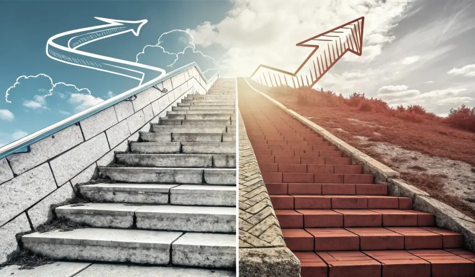 Step by Step vs Gradually: 단계적 진행, 영어로 정확히 표현하는 법 Step by step과 Gradually의 차이를 시각적으로 표현: 뚜렷한 계단과 완만한 경사로 단계적 진행과 점진적 변화를 상징하는 영어 학습 관련 이미지.