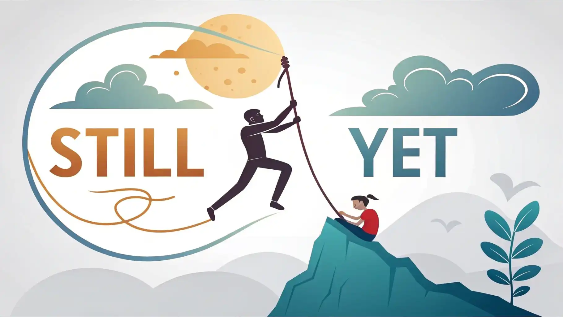 Still과 Yet, 언제 어떻게 다를까요? 지속과 미완료 표현 정복하기 영어 표현 Still과 Yet의 의미 차이(지속 vs 미완료/기대)를 시각적으로 설명하는 아이콘 그래픽.