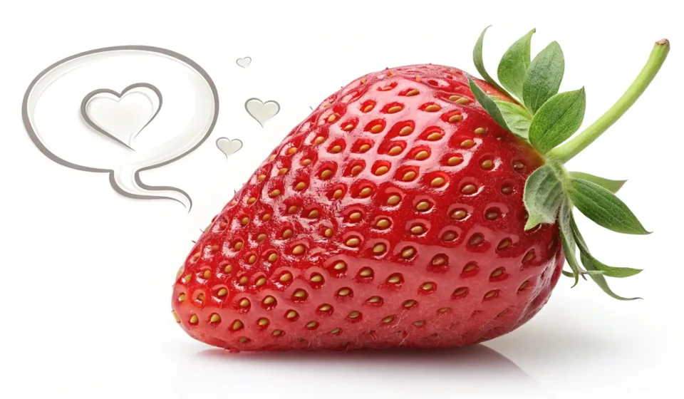 딸기, 영어로 어떻게 말할까요? Strawberry 완벽 정복 가이드 선명한 빨간 딸기 옆에 영어 학습 또는 대화를 상징하는 말풍선 아이콘이 있는 이미지