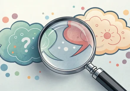 “Suppose”와 “Supposing” 완벽 구분! 가정 상황 영어 표현 정복하기 돋보기로 미묘하게 다른 두 개의 생각 풍선을 비교하며 영어 가정법 표현의 차이를 시각적으로 나타내는 이미지