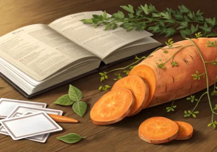 고구마 영어로 완벽 정복: Sweet Potato 완전 마스터하기 영어 사전과 빈 플래시 카드 옆에 놓인 먹음직스러운 고구마 이미지