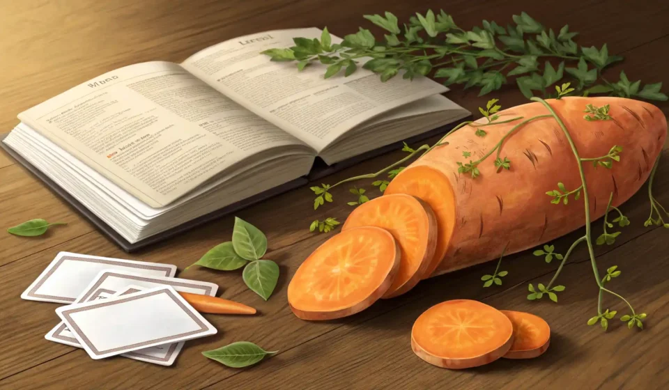 고구마 영어로 완벽 정복: Sweet Potato 완전 마스터하기 영어 사전과 빈 플래시 카드 옆에 놓인 먹음직스러운 고구마 이미지