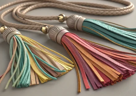 태슬, 영어로 자신 있게 말해보세요: 패션부터 인테리어까지 완벽 마스터 다양한 색상과 재질의 태슬 장식들과 이를 자세히 살펴보는 돋보기가 있는 이미지 - 영어 표현 학습 상징