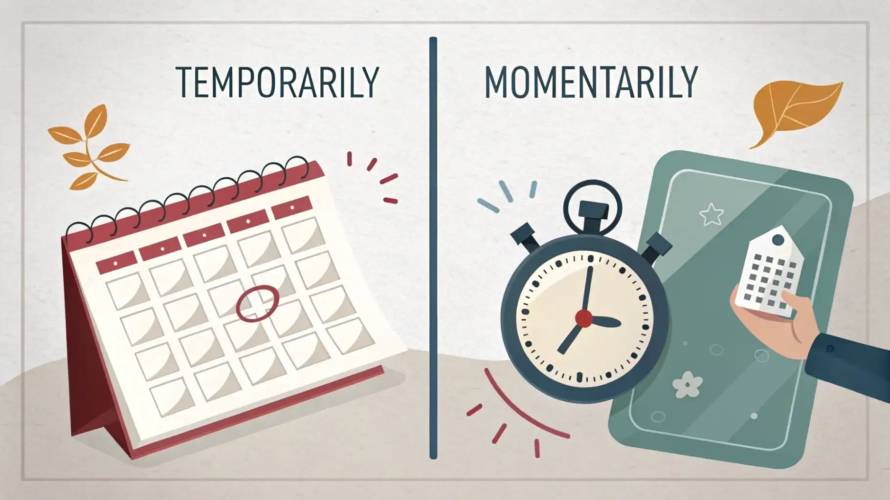Temporarily와 Momentarily의 차이와 일시적 지속 표현 영어로 'Temporarily'와 'Momentarily' 영어 단어와 각각 다른 시간 길이를 나타내는 아이콘을 비교하여 보여주는 썸네일 이미지.