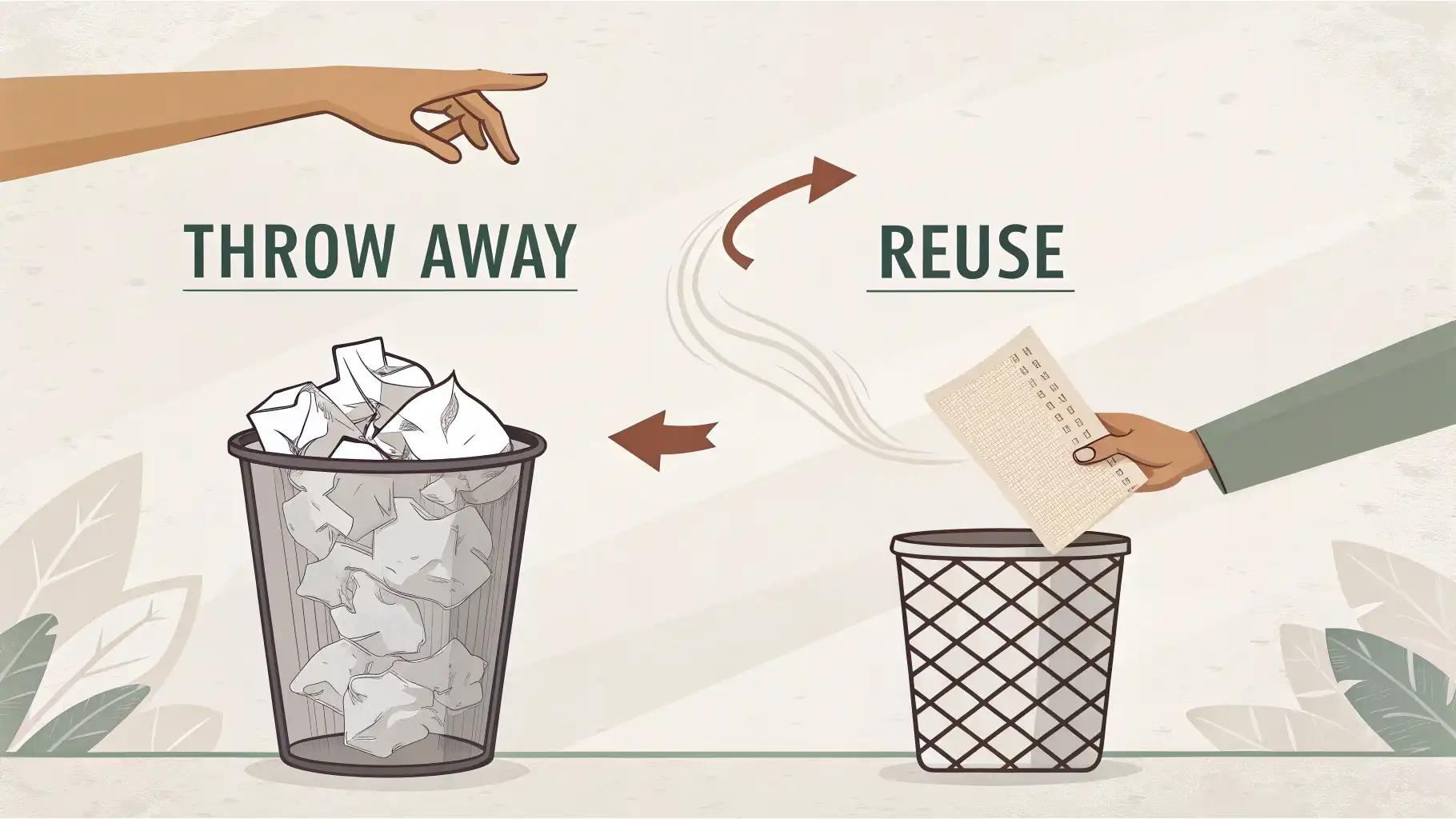 Throw out vs Throw away: ‘버리다’ 영어로 제대로 말하기 쓰레기통에 종이를 버리는 손과 서류/아이디어를 거절하는 손 그림으로 'Throw away'와 'Throw out' 영어 표현의 차이를 시각적으로 보여주는 이미지.