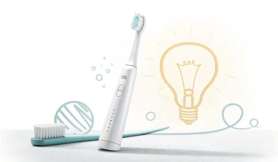 칫솔 영어로? Toothbrush! 일상 필수품 영어 표현 완벽 정복 칫솔과 옆에 있는 밝은 전구 아이콘, 칫솔의 영어 단어 학습을 시각적으로 표현