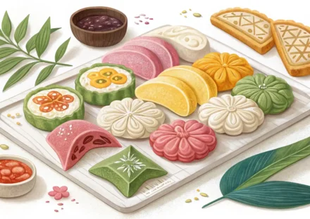 떡 영어로: 한국의 맛을 세계에 알리는 표현법 다양한 종류의 한국 떡과 영어 표현 학습을 상징하는 아이콘 이미지