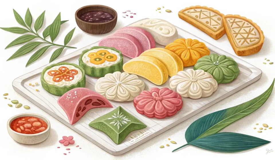 떡 영어로: 한국의 맛을 세계에 알리는 표현법 다양한 종류의 한국 떡과 영어 표현 학습을 상징하는 아이콘 이미지