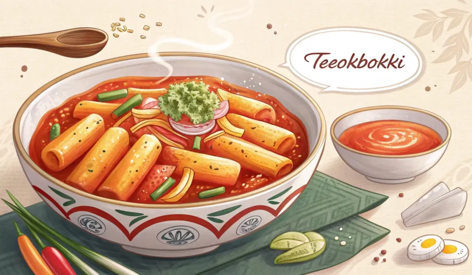 떡볶이 영어로? 매콤달콤 한국의 맛, 이렇게 설명하세요! 맛있는 떡볶이와 영어 학습을 상징하는 말풍선이 있는 썸네일 이미지
