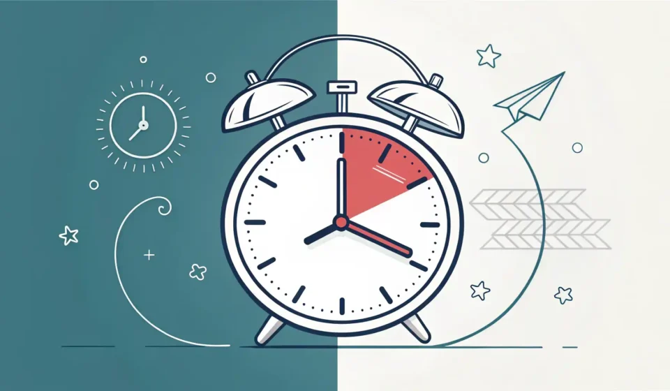 “Until” vs “As far as”: 시간과 거리/범위의 한계 명확히 표현하기 시간의 한계를 나타내는 시계와 거리 또는 범위의 한계를 나타내는 길을 나란히 보여주며 'Until'과 'As far as'의 개념적 차이를 시각적으로 표현한 이미지.