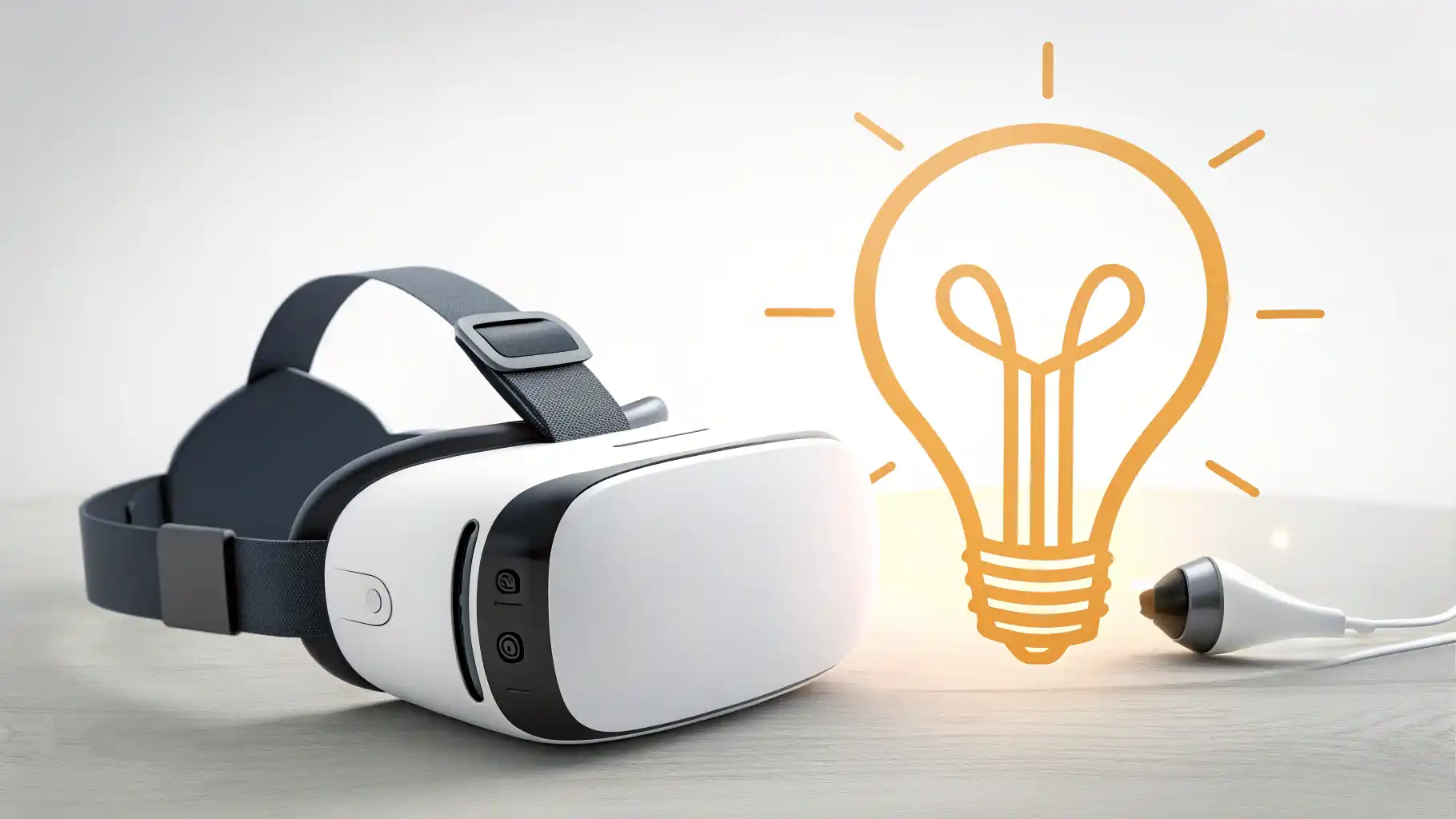 가상현실은 영어로 어떻게 표현할까? 가상현실(VR) 헤드셋과 학습 아이디어를 상징하는 빛나는 전구 아이콘 옆모습 일러스트