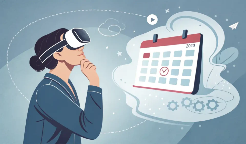 VR 체험관 예약 변경, 영어로 쉽게 해결하세요! VR 헤드셋을 쓴 사람이 예약 변경을 위해 달력 아이콘을 보며 고민하는 모습, VR 체험 예약 변경 영어 표현 관련 이미지.