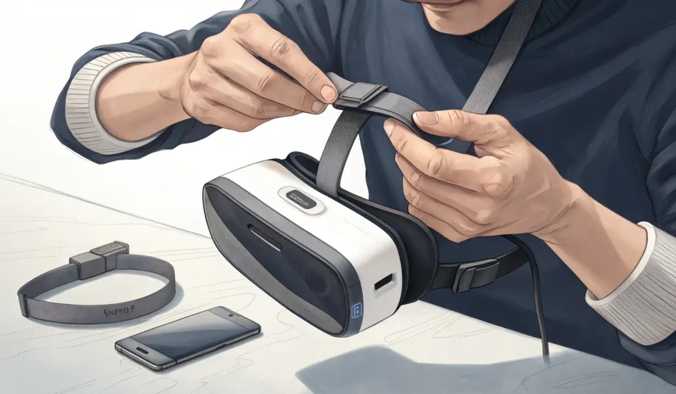 VR 체험관 안전 장비, 영어로 자신 있게 설명하기 VR 헤드셋 안전 장비 착용법과 관련 영어 표현 학습을 상징하는 이미지