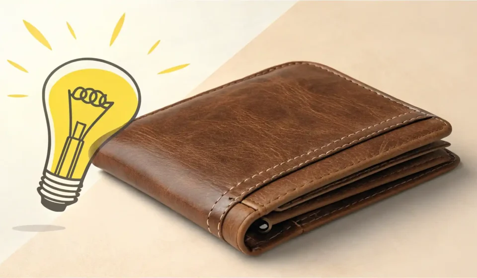 지갑 영어로? ‘Wallet’부터 다양한 표현까지 완벽 정복! 지갑과 전구, 말풍선 아이콘으로 지갑 관련 영어 표현 학습을 상징하는 이미지