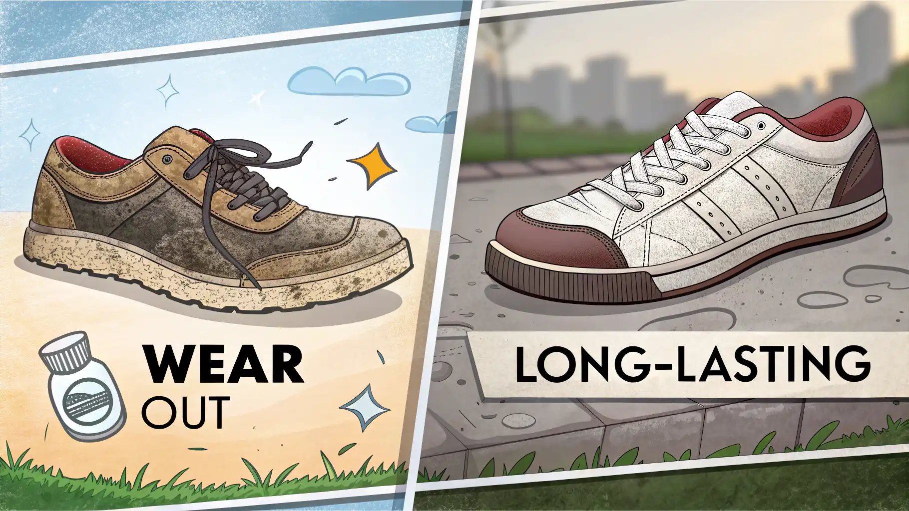 Wear out vs. Wear off: 닳고 사라지는 것에 대한 영어 표현 정복하기 낡은 신발과 점차 사라지는 효과를 비교하며 'wear out'과 'wear off'의 차이를 보여주는 영어 학습 이미지.