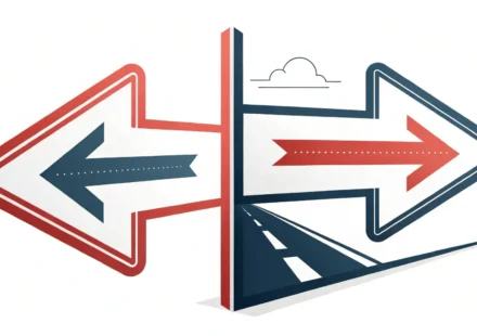 “Whereas” vs “While”: 정확하게 비교하고 대조하는 영어 표현 마스터하기 파란색과 주황색 화살표가 반대 방향을 가리키며 'whereas'와 'while' 영어 표현의 비교와 대조를 상징하는 이미지.