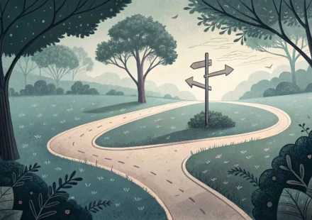 “Whether or not” vs “If”: 헷갈리는 영어 표현, 확실히 구분하기! 갈림길에서 나뉘는 두 개의 경로 이미지, 영어 표현 'whether or not'와 'if'의 선택과 조건의 차이를 시각적으로 나타냄.