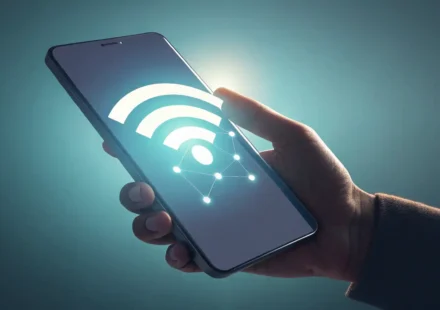 해외에서도 데이터 걱정 끝! 와이파이 관련 필수 영어 표현 해외에서 와이파이 연결을 위해 스마트폰을 사용하는 손과 여행 및 질문 관련 아이콘 배경 이미지