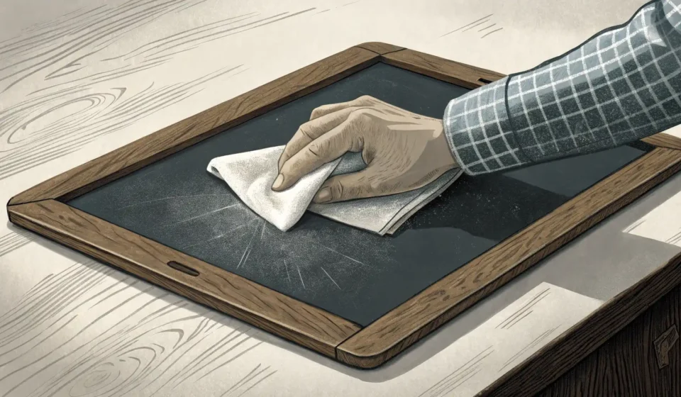 Wipe the Slate Clean: 과거를 잊고 새롭게 시작하는 영어 표현 깨끗하게 닦이고 있는 슬레이트 이미지, 과거를 잊고 새로 시작하는 영어 표현 'Wipe the slate clean' 학습 주제를 나타냄.