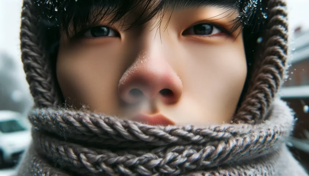 A close-up of a person with East Asian features, their face wrapped in a scarf, with visible breath in cold weather. The focus is on thei