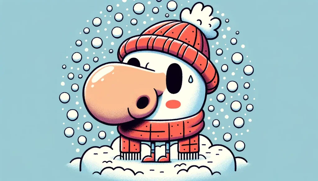 A whimsical depiction of a cartoon nose wearing a winter hat and scarf, shivering amidst a flurry of snow.