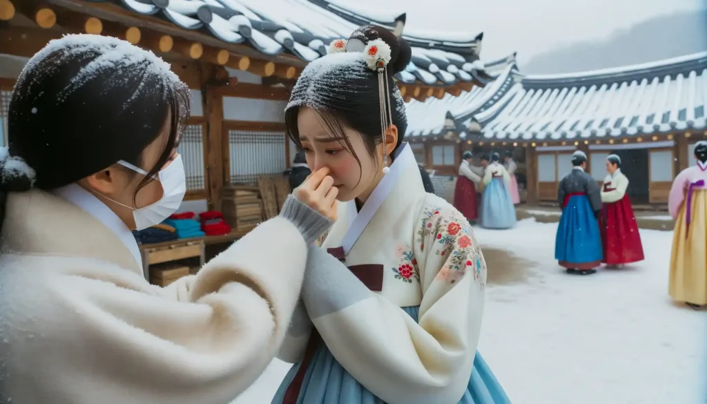 One individual, a Korean woman, is touching her nose and expressing the feeling of cold to another person