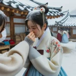 One individual, a Korean woman, is touching her nose and expressing the feeling of cold to another person