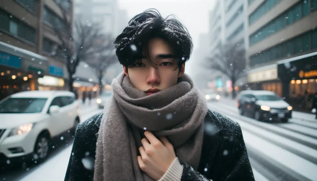 walking in a snowy urban landscape, clutching their scarf close, with snowflakes gently falling around.