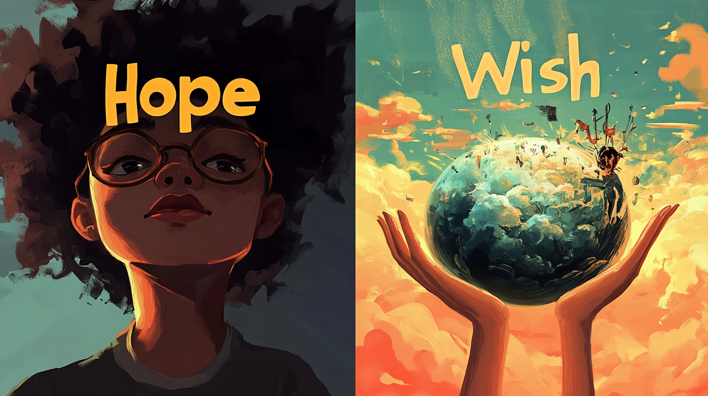 Illustration contrasting Hope and Wish with people expressing each emotion