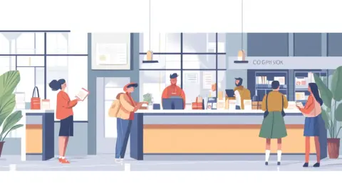 Illustration of friendly people interacting in a post office