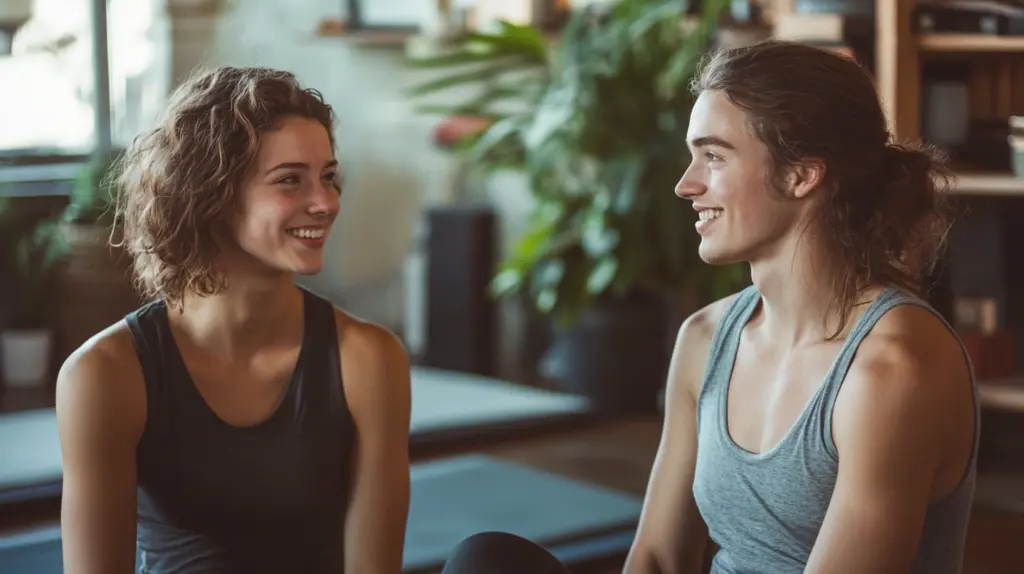 Natural conversation in yoga studio